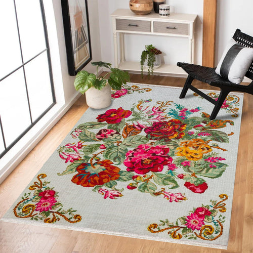 Krem Çiçekli Modern Etnik Desenli Halı  | Makinada Yıkanabilir | Hav Toz Vermez | Leke Tutmayan | Kaymaz Taban | Dijital Makine Baskı | Salon Yolluk Mutfak Halısı