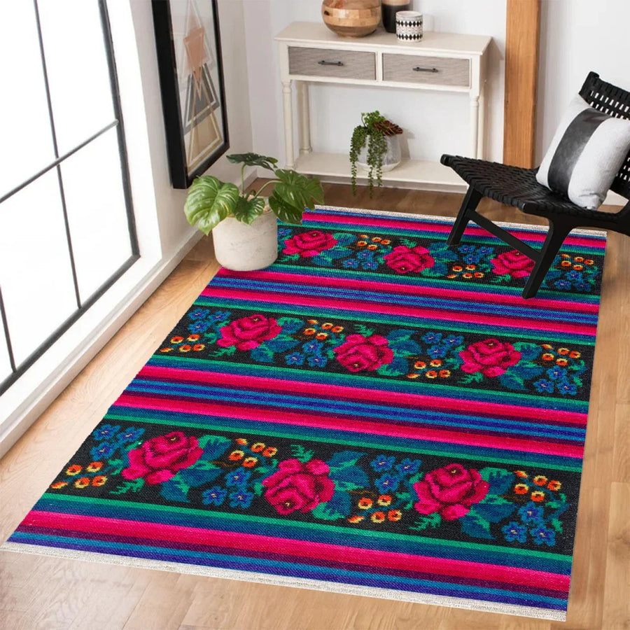 Kırmızı Mavi Etnik Modern Halı - Yıkanabilir - Kaymaz Taban - Pati Dostu