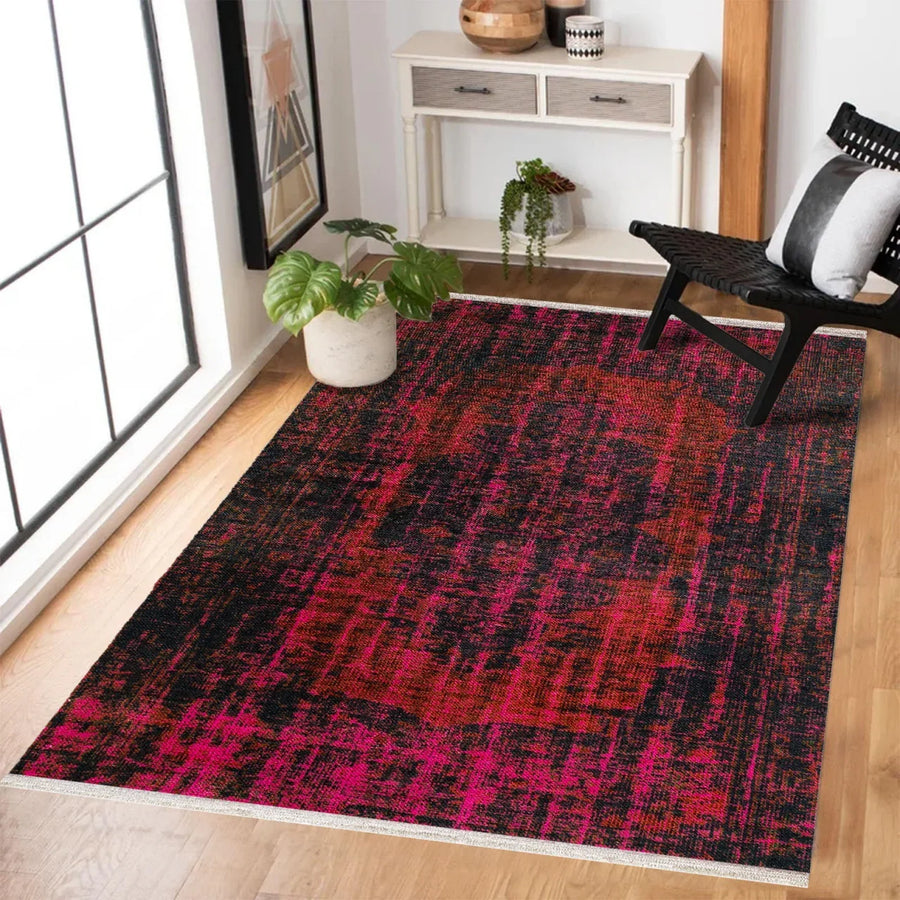 Kırmızı Siyah Eskitme Modern Halı - Yıkanabilir - Kaymaz Taban - Pati Dostu