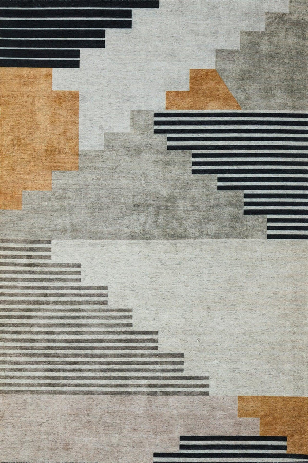 Gri Geometrik Modern Halı - Yıkanabilir - Kaymaz Taban - Pati Dostu