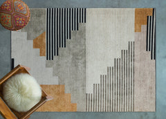 Gri Geometrik Modern Etnik Desenli Halı  | Makinada Yıkanabilir | Hav Toz Vermez | Leke Tutmayan | Kaymaz Taban | Dijital Makine Baskı | Salon Yolluk Mutfak Halısı