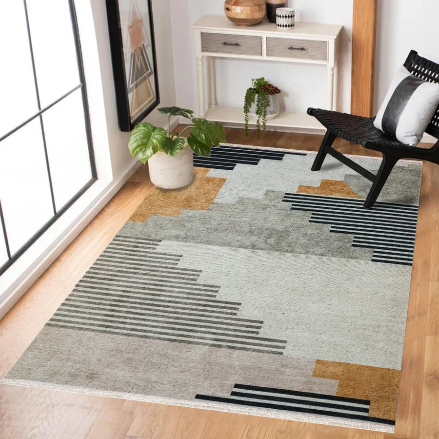 Gri Geometrik Modern Halı - Yıkanabilir - Kaymaz Taban - Pati Dostu