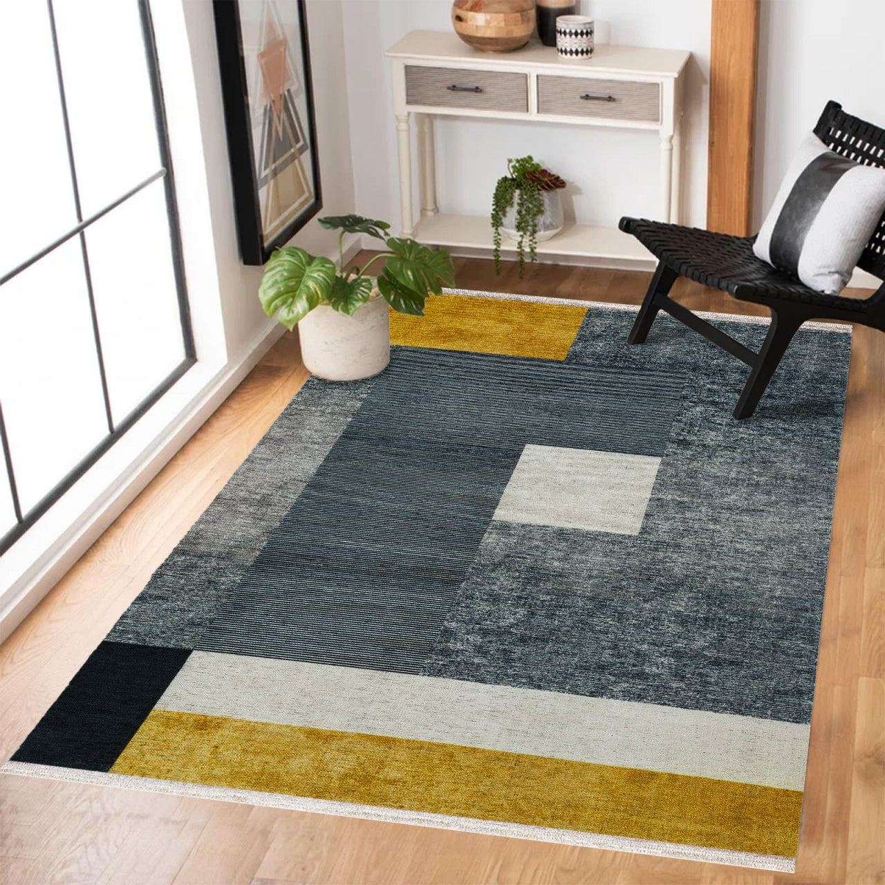 Antrasit Gri Geometrik Modern Halı - Yıkanabilir - Kaymaz Taban - Pati Dostu