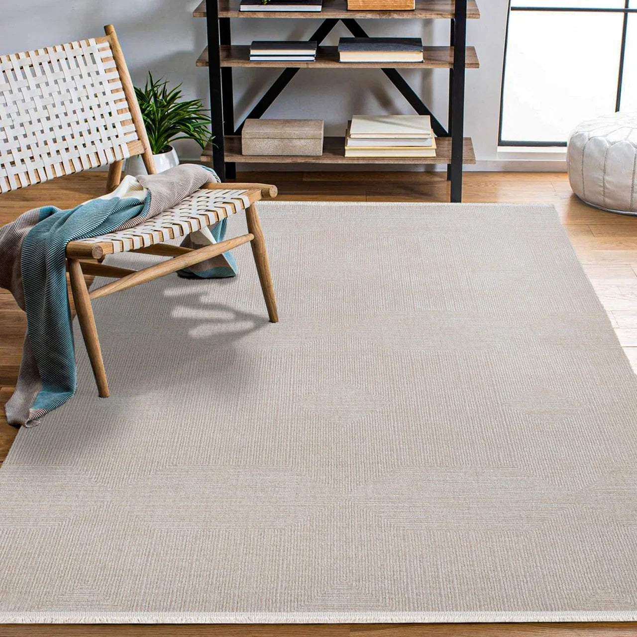 Bej Gri Geometrik Minimalist Halı - Yıkanabilir - Kaymaz Taban - Pati Dostu