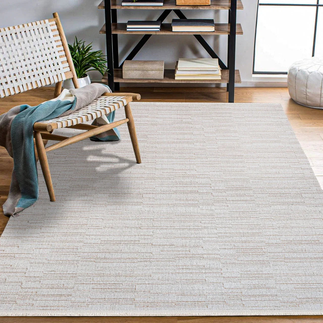 Bej Geometrik Minimalist Halı - Yıkanabilir - Kaymaz Taban - Pati Dostu