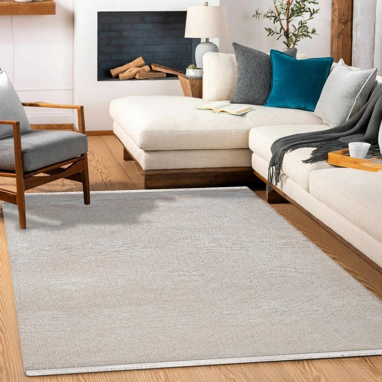 Bej Geometrik Minimalist Halı - Yıkanabilir - Kaymaz Taban - Pati Dostu