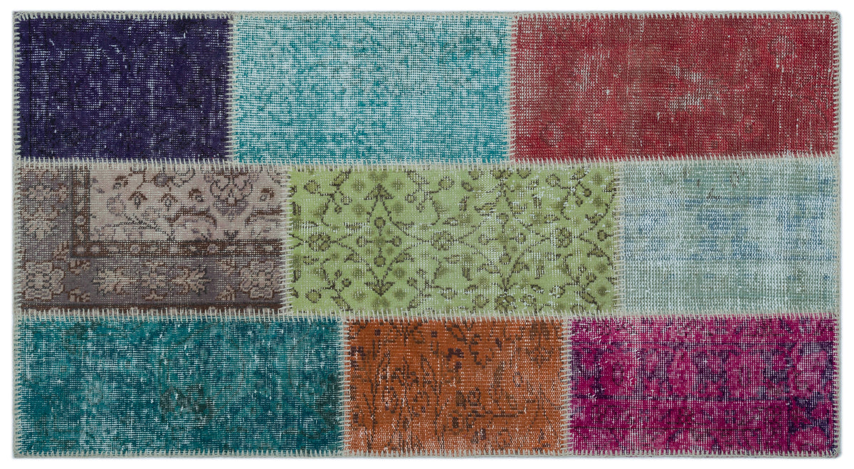 Kilva Çok Renkli ve Turkuaz Patchwork Desenli El Dokuma Halı 80x150 cm