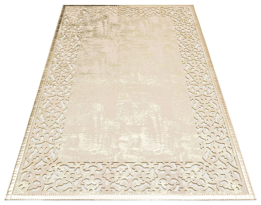 Bej Gold Dekoratif Modern Deri Halı - Yıkanabilir - Kaymaz Taban - Pati Dostu