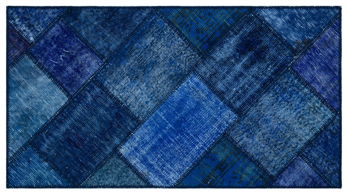 Kilva Mavi ve Lacivert Patchwork Desenli El Dokuma Halı 80x150 cm