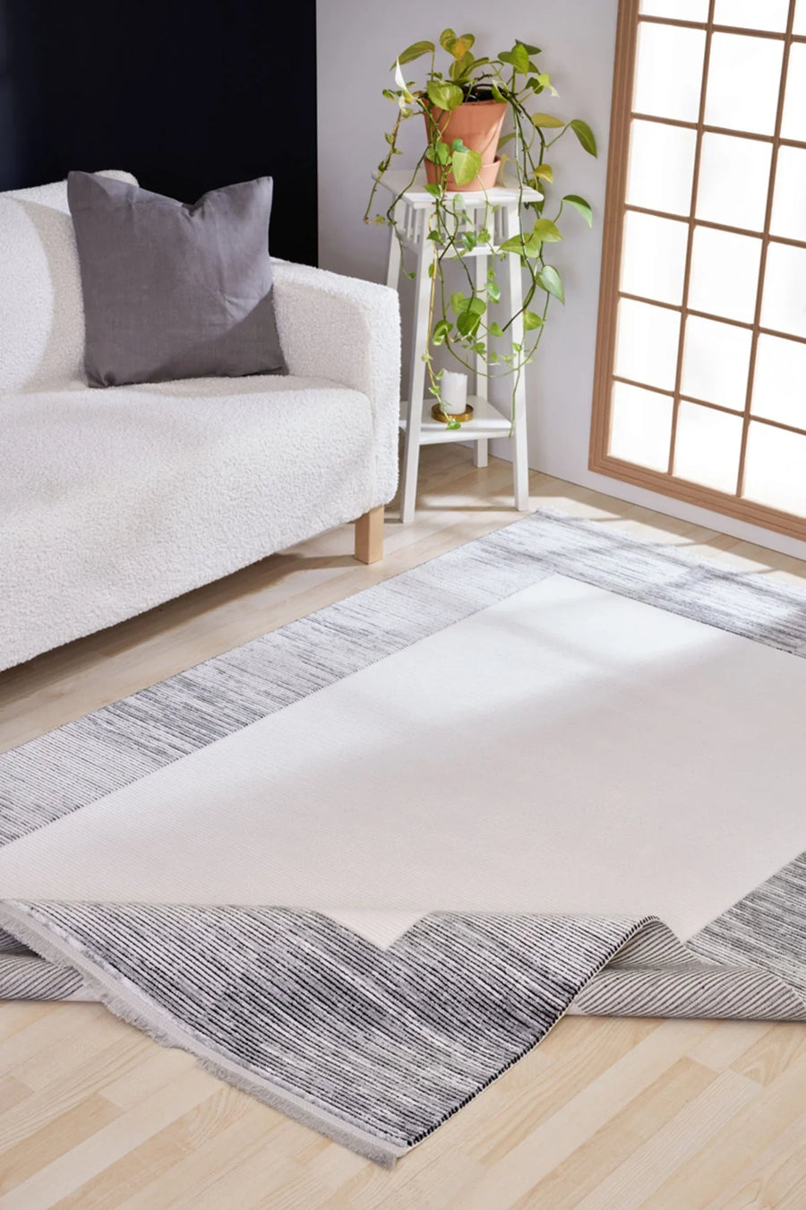 Beyaz Gri Düz Minimalist Halı - Toz Vermez