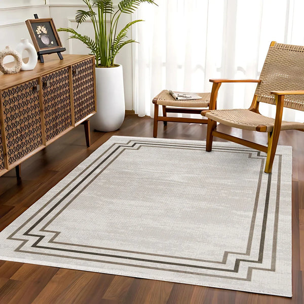 Beyaz Ekru Bordürlü Minimalist Halı - Yıkanabilir - Kaymaz Taban - Pati Dostu
