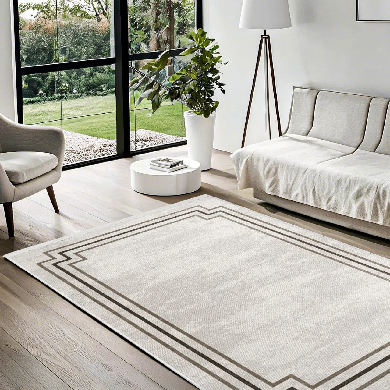Beyaz Ekru Bordürlü Minimalist Halı - Yıkanabilir - Kaymaz Taban - Pati Dostu