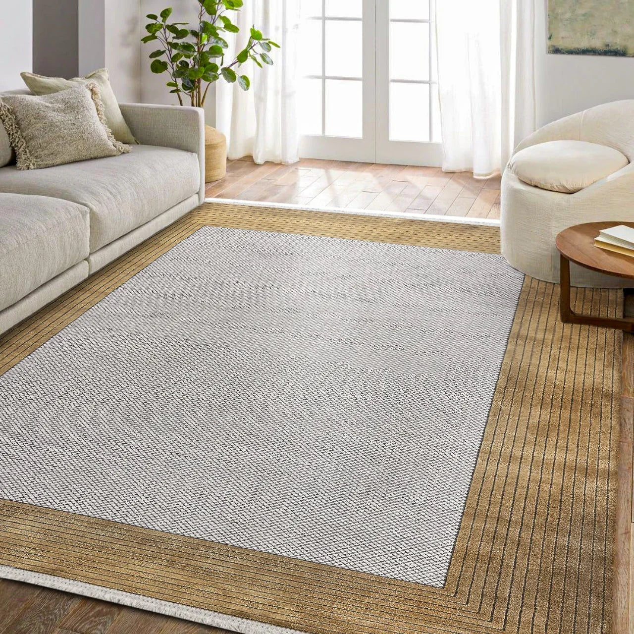 Beyaz Gold Bordürlü Minimalist Halı - Yıkanabilir - Kaymaz Taban - Pati Dostu