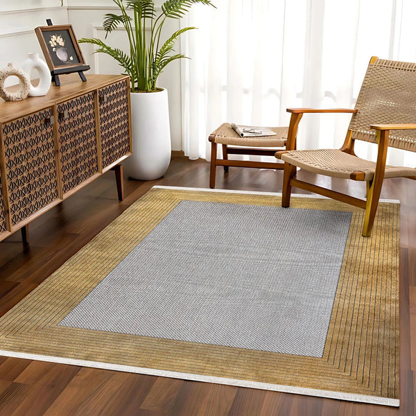 Beyaz Gold Bordürlü Minimalist Halı - Yıkanabilir - Kaymaz Taban - Pati Dostu