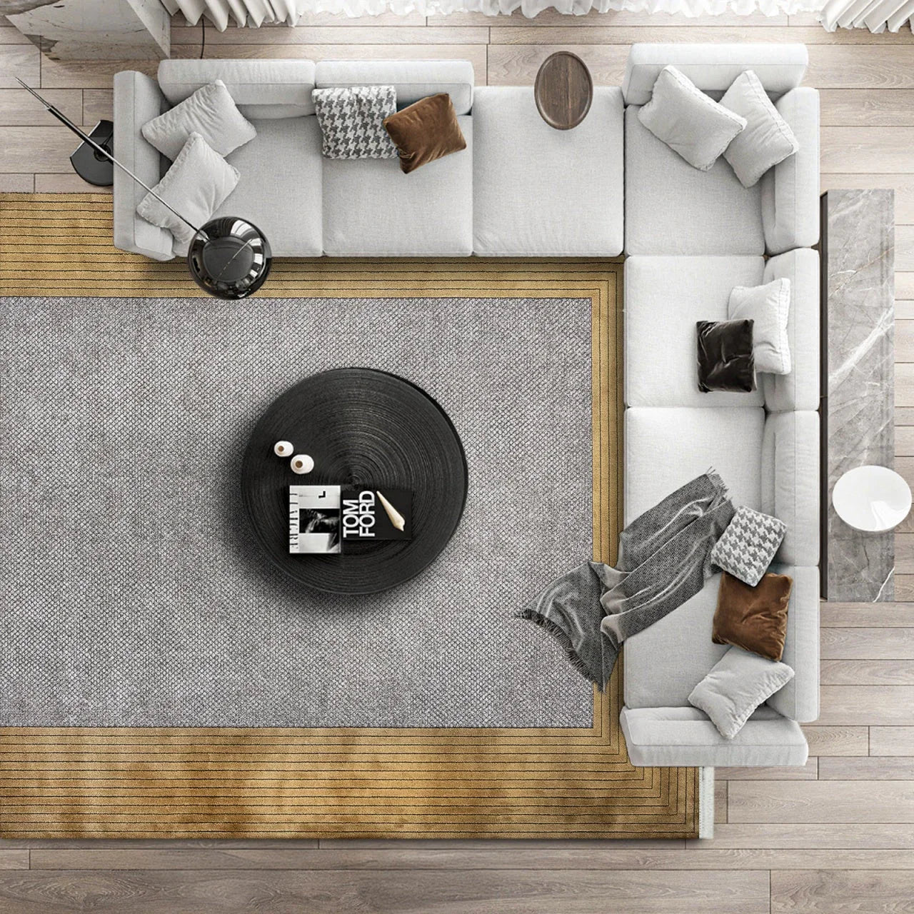 Beyaz Gold Bordürlü Minimalist Halı - Yıkanabilir - Kaymaz Taban - Pati Dostu