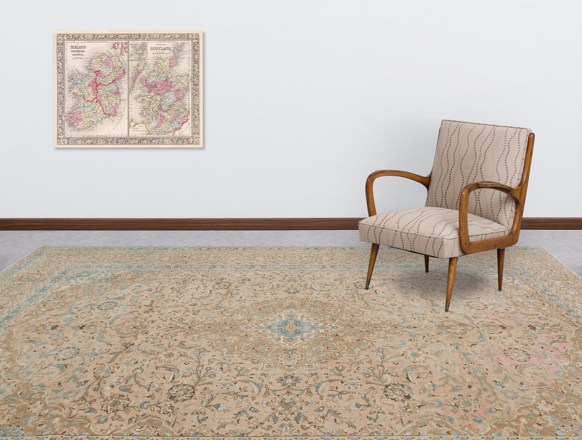 Navyel Bej ve Mavi Madalyon Desenli El Dokuma Halı 290x382 cm – detay görünümü