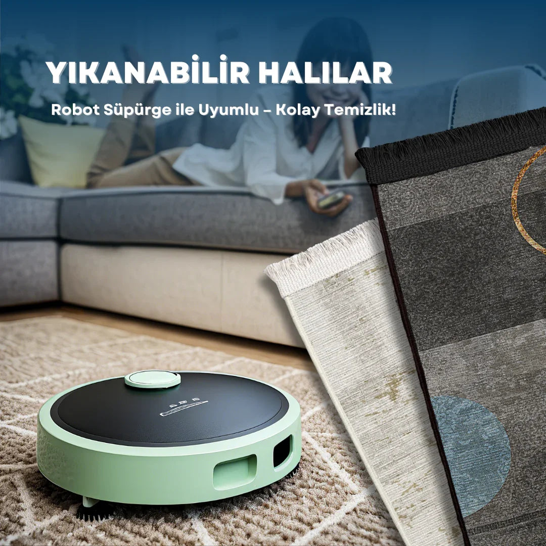 Gri Renkli Figürlü Modern Halı - Yıkanabilir - Kaymaz Taban - Pati Dostu