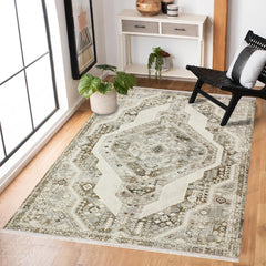 Bej Göbekli Modern Etnik Desenli Halı  | Makinada Yıkanabilir | Hav Toz Vermez | Leke Tutmayan | Kaymaz Taban | Dijital Makine Baskı | Salon Yolluk Mutfak Halısı