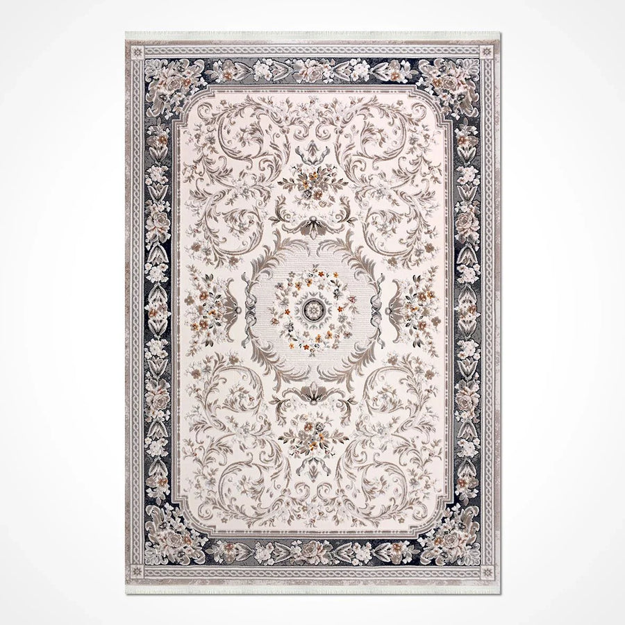 Bej Bordürlü Göbekli Triko Halı - Pati Dostu - Toz Vermez