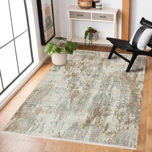 Krem Soyut Modern Etnik Desenli Halı  | Makinada Yıkanabilir | Hav Toz Vermez | Leke Tutmayan | Kaymaz Taban | Dijital Makine Baskı | Salon Yolluk Mutfak Halısı