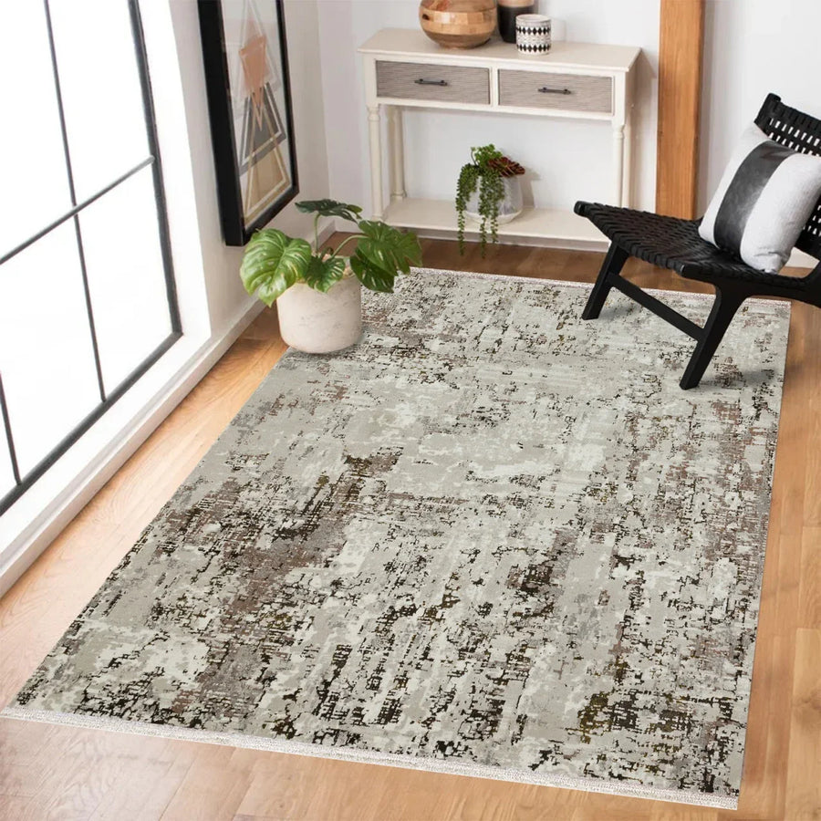 Bej Gri Eskitme Modern Halı - Yıkanabilir - Kaymaz Taban - Pati Dostu