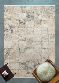 Krem Soyut Modern Etnik Desenli Halı  | Makinada Yıkanabilir | Hav Toz Vermez | Leke Tutmayan | Kaymaz Taban | Dijital Makine Baskı | Salon Yolluk Mutfak Halısı