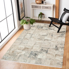 Krem Soyut Modern Etnik Desenli Halı  | Makinada Yıkanabilir | Hav Toz Vermez | Leke Tutmayan | Kaymaz Taban | Dijital Makine Baskı | Salon Yolluk Mutfak Halısı