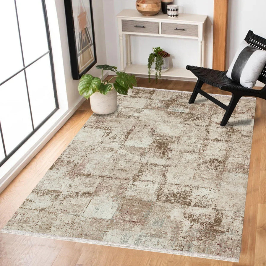 Bej Krem Eskitme Modern Halı - Yıkanabilir - Kaymaz Taban - Pati Dostu