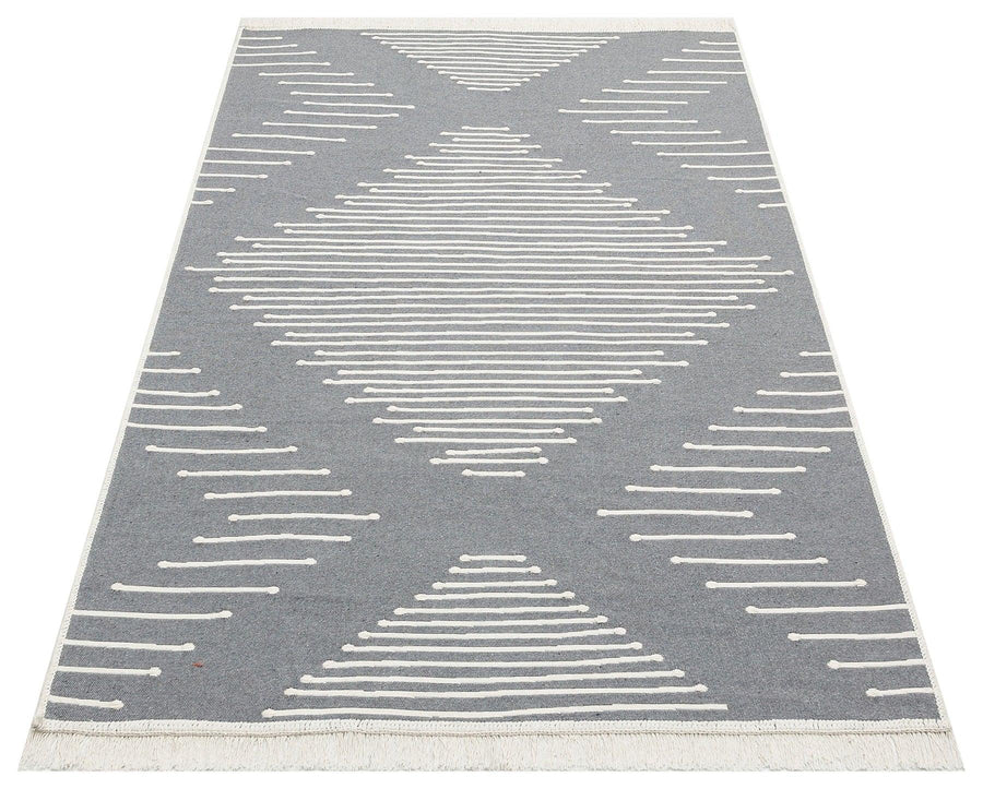 Beyaz Gri Dekoratif Geometrik Jüt Halı - Yıkanabilir - Pati Dostu - Toz Vermez