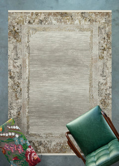 Krem Çerçeveli Modern Etnik Desenli Halı  | Makinada Yıkanabilir | Hav Toz Vermez | Leke Tutmayan | Kaymaz Taban | Dijital Makine Baskı | Salon Yolluk Mutfak Halısı