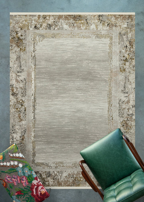 Krem Çerçeveli Modern Etnik Desenli Halı  | Makinada Yıkanabilir | Hav Toz Vermez | Leke Tutmayan | Kaymaz Taban | Dijital Makine Baskı | Salon Yolluk Mutfak Halısı