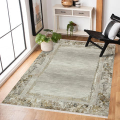 Krem Çerçeveli Modern Etnik Desenli Halı  | Makinada Yıkanabilir | Hav Toz Vermez | Leke Tutmayan | Kaymaz Taban | Dijital Makine Baskı | Salon Yolluk Mutfak Halısı