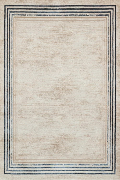 Krem Çerçeveli Modern Etnik Desenli Halı  | Makinada Yıkanabilir | Hav Toz Vermez | Leke Tutmayan | Kaymaz Taban | Dijital Makine Baskı | Salon Yolluk Mutfak Halısı