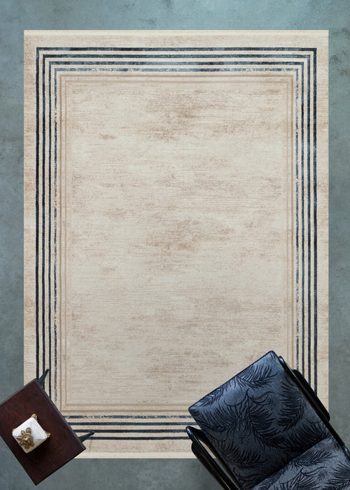 Krem Çerçeveli Modern Etnik Desenli Halı  | Makinada Yıkanabilir | Hav Toz Vermez | Leke Tutmayan | Kaymaz Taban | Dijital Makine Baskı | Salon Yolluk Mutfak Halısı