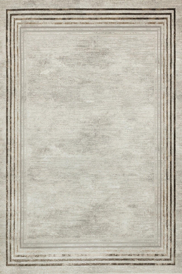 Gri Krem Bordürlü Modern Halı - Yıkanabilir - Kaymaz Taban - Pati Dostu