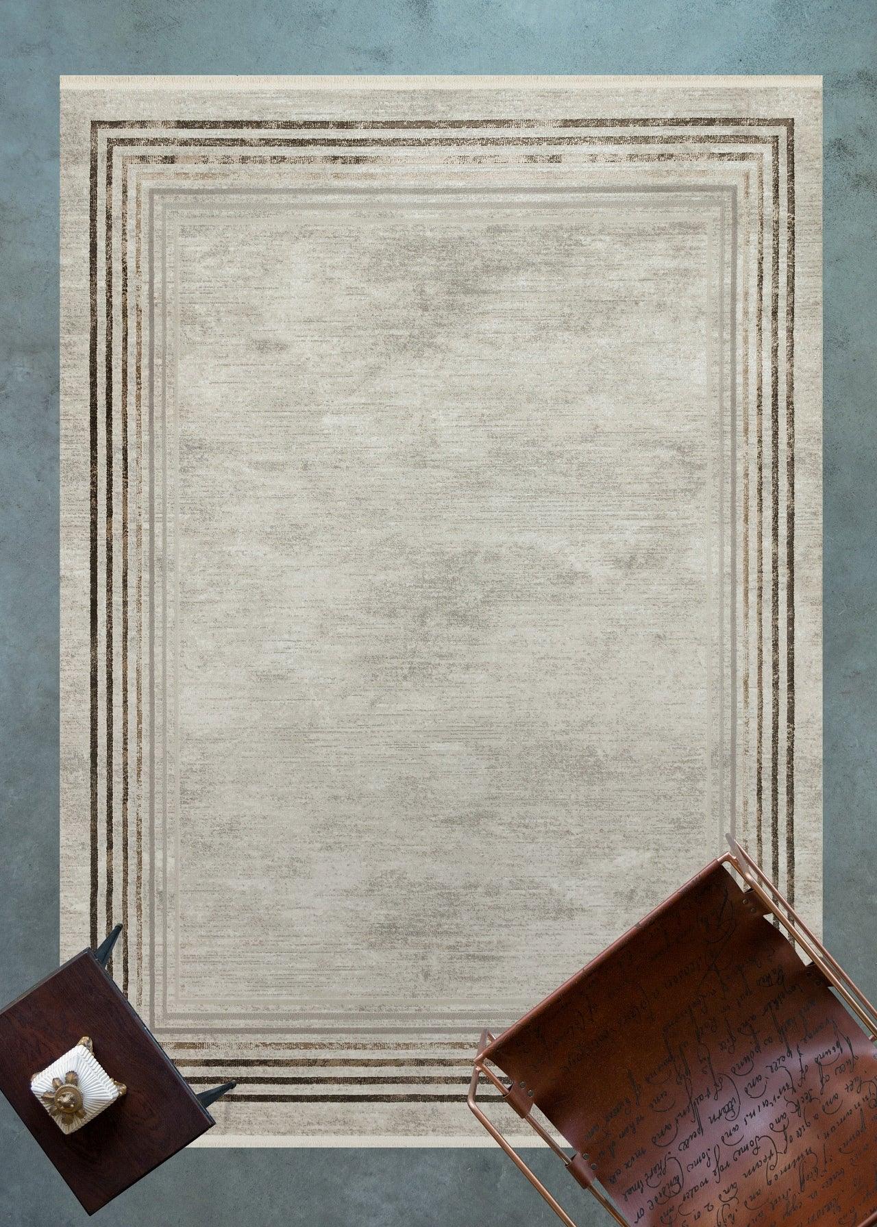 Gri Krem Bordürlü Modern Halı - Yıkanabilir - Kaymaz Taban - Pati Dostu