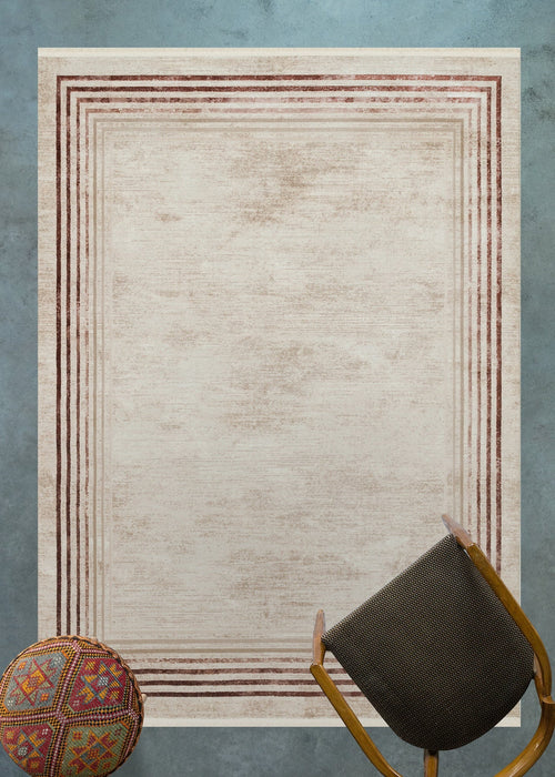 Krem Çerçeveli Modern Etnik Desenli Halı  | Makinada Yıkanabilir | Hav Toz Vermez | Leke Tutmayan | Kaymaz Taban | Dijital Makine Baskı | Salon Yolluk Mutfak Halısı