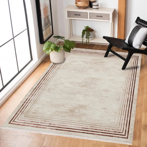 Krem Çerçeveli Modern Etnik Desenli Halı  | Makinada Yıkanabilir | Hav Toz Vermez | Leke Tutmayan | Kaymaz Taban | Dijital Makine Baskı | Salon Yolluk Mutfak Halısı