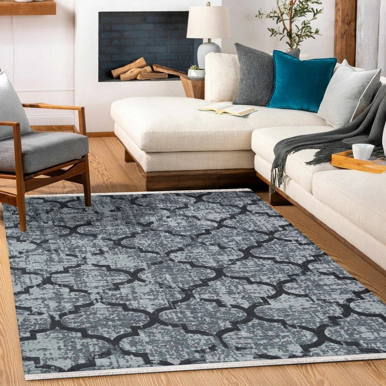 Antrasit Gri Geometrik Modern Halı - Yıkanabilir - Kaymaz Taban - Pati Dostu