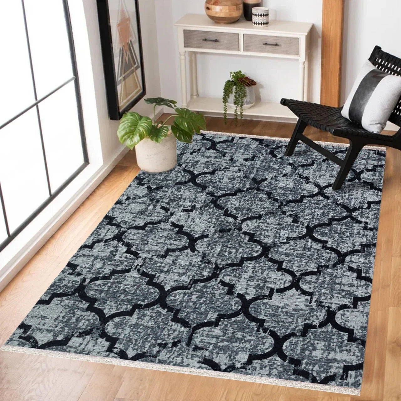 Antrasit Gri Geometrik Modern Halı - Yıkanabilir - Kaymaz Taban - Pati Dostu