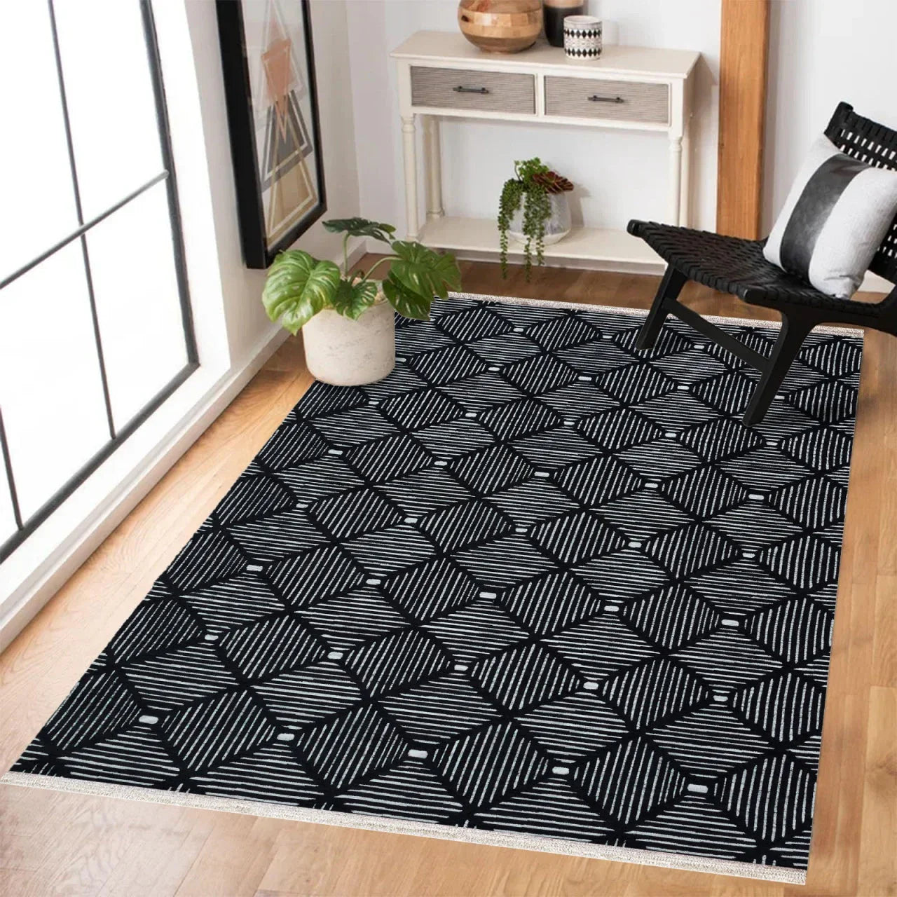 Antrasit Siyah Geometrik Modern Halı - Yıkanabilir - Kaymaz Taban - Pati Dostu