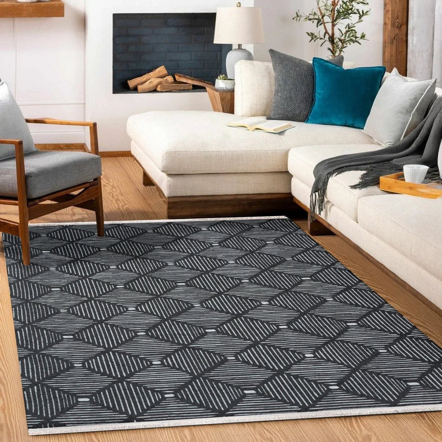 Antrasit Siyah Geometrik Modern Halı - Yıkanabilir - Kaymaz Taban - Pati Dostu