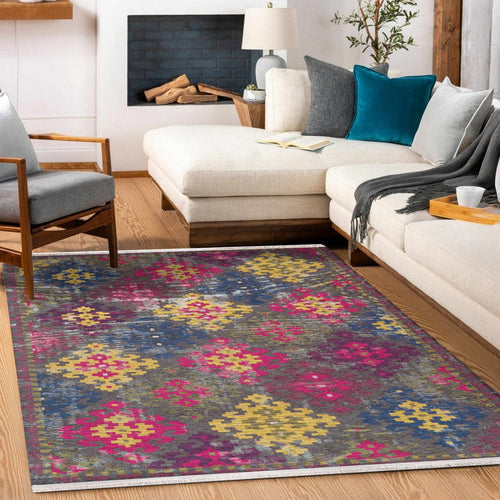 Gri Geometrik Modern Etnik Desenli Halı  | Makinada Yıkanabilir | Hav Toz Vermez | Leke Tutmayan | Kaymaz Taban | Dijital Makine Baskı | Salon Yolluk Mutfak Halısı