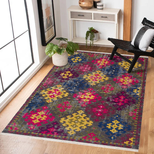 Gri Geometrik Modern Etnik Desenli Halı  | Makinada Yıkanabilir | Hav Toz Vermez | Leke Tutmayan | Kaymaz Taban | Dijital Makine Baskı | Salon Yolluk Mutfak Halısı