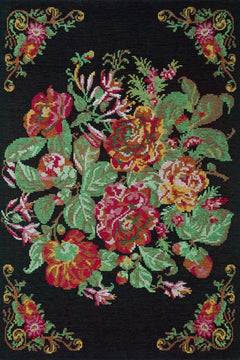 Siyah Çiçekli Modern Etnik Desenli Halı  | Makinada Yıkanabilir | Hav Toz Vermez | Leke Tutmayan | Kaymaz Taban | Dijital Makine Baskı | Salon Yolluk Mutfak Halısı