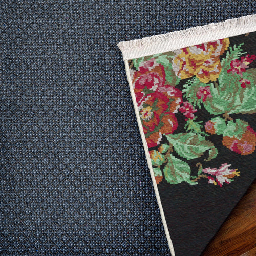 Siyah Çiçekli Modern Etnik Desenli Halı  | Makinada Yıkanabilir | Hav Toz Vermez | Leke Tutmayan | Kaymaz Taban | Dijital Makine Baskı | Salon Yolluk Mutfak Halısı