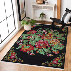 Siyah Çiçekli Modern Etnik Desenli Halı  | Makinada Yıkanabilir | Hav Toz Vermez | Leke Tutmayan | Kaymaz Taban | Dijital Makine Baskı | Salon Yolluk Mutfak Halısı
