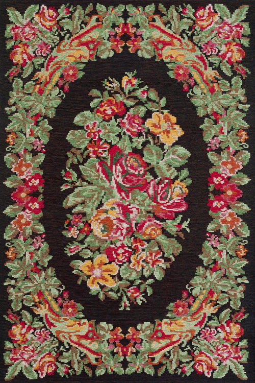 Siyah Çiçekli Modern Etnik Desenli Halı  | Makinada Yıkanabilir | Hav Toz Vermez | Leke Tutmayan | Kaymaz Taban | Dijital Makine Baskı | Salon Yolluk Mutfak Halısı