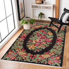 Siyah Çiçekli Modern Etnik Desenli Halı  | Makinada Yıkanabilir | Hav Toz Vermez | Leke Tutmayan | Kaymaz Taban | Dijital Makine Baskı | Salon Yolluk Mutfak Halısı