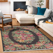 Siyah Çiçekli Modern Etnik Desenli Halı  | Makinada Yıkanabilir | Hav Toz Vermez | Leke Tutmayan | Kaymaz Taban | Dijital Makine Baskı | Salon Yolluk Mutfak Halısı